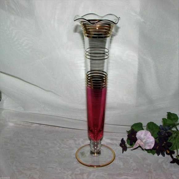 Vintage 10" Red Glass Vase Cranberry Flash Footed Gold Bands Mid-century Decor - Picture 5 of 6